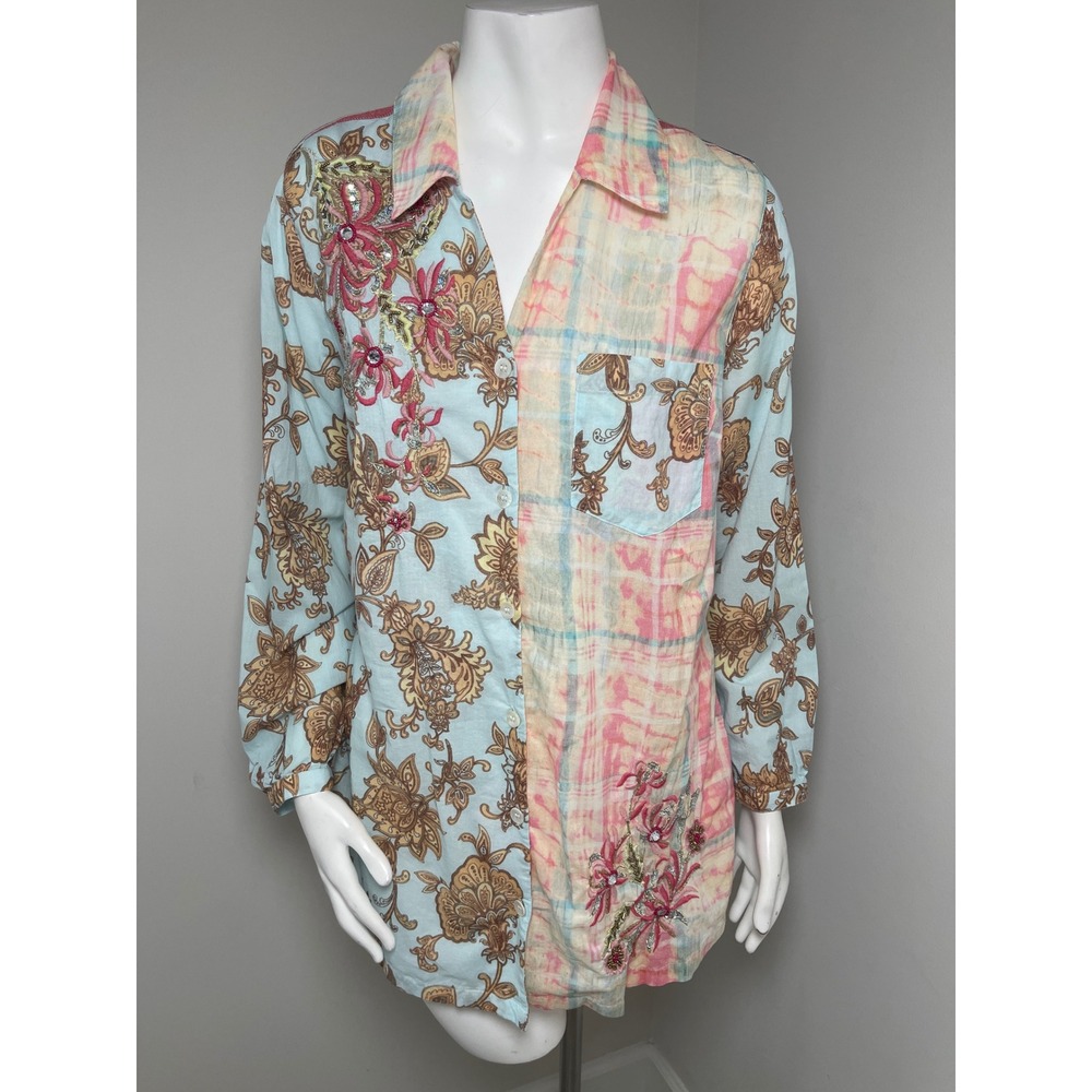 Soft Surroundings Tunic Embroidered Beaded Patch Mixed Print Boho Artsy Shirt M